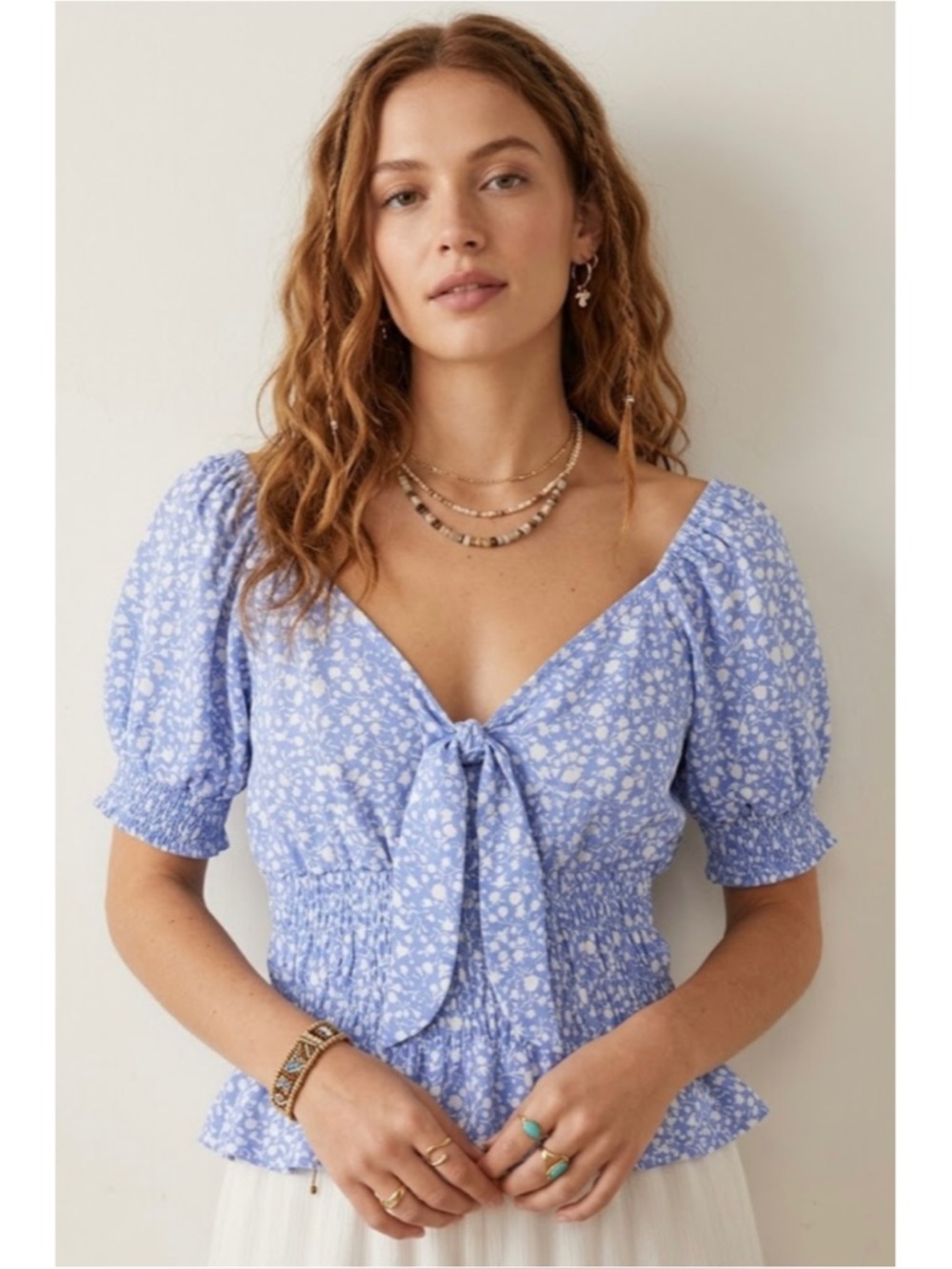 Sienna Sky Blue Floral Print V-Neck Tie Front Peplum Peasant Top Cottagecore